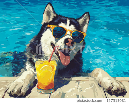 Husky dog wearing sunglasses by the pool. A glass of orange juice sits on the table. 137515081