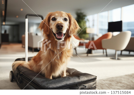 Golden retriever sits on a suitcase in a modern hotel lobby. Sunlight pours through tall windows, creating a warm, inviting atmosphere. Golden retriever sits on a suitcase in a modern hotel lobby. Sunlight pours through tall windows, creating a warm, inviting atmosphere. 137515084