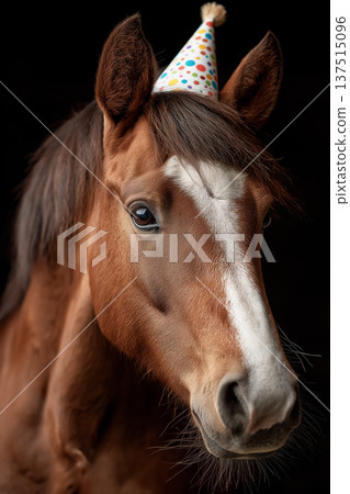 Horse wearing a party hat stands against a black background. The colorful polka dot hat adds festive whimsy. Horse wearing a party hat stands against a black background. The colorful polka dot hat adds festive whimsy. 137515096