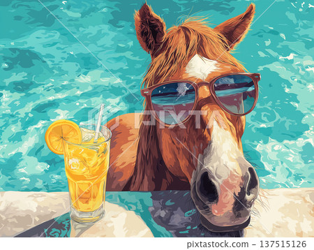 Horse wearing sunglasses drinks orange juice at poolside bar. Sunlit scene shows a playful summer vibe. Horse wearing sunglasses drinks orange juice at poolside bar. Sunlit scene shows a playful summer vibe. 137515126
