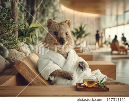 Bear cub sits in a spa lobby wearing a white robe. A glass of tea sits on a wooden tray nearby. Bear cub sits in a spa lobby wearing a white robe. A glass of tea sits on a wooden tray nearby. 137515131