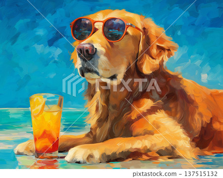 Golden retriever wearing orange sunglasses relaxes on a sunny beach. A glass of citrus drink sits beside the dog. Golden retriever wearing orange sunglasses relaxes on a sunny beach. A glass of citrus drink sits beside the dog. 137515132