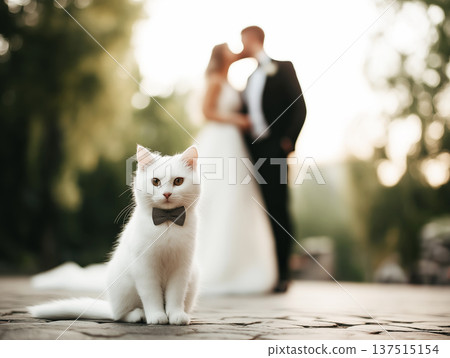 White cat wearing a bow tie sits in a garden. A wedding couple stands in the background in warm evening light. White cat wearing a bow tie sits in a garden. A wedding couple stands in the background in warm evening light. 137515154