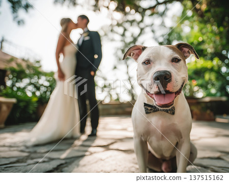 Dog with bow tie sits in a garden while a bride and groom share a kiss. Sunny garden scene with a playful dog and romantic couple. Dog with bow tie sits in a garden while a bride and groom share a kiss. Sunny garden scene with a playful dog and romantic couple. 137515162