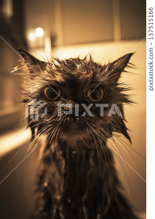 Wet cat in bathroom looks up. Warm amber light fills the scene. Wet cat in bathroom looks up. Warm amber light fills the scene. 137515166