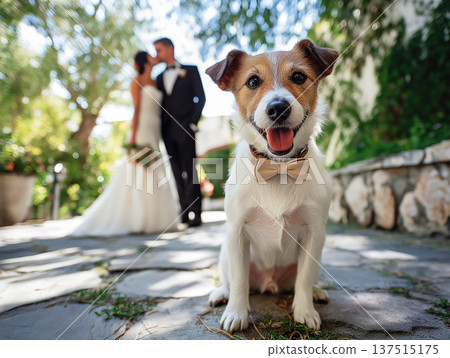 Dog with bow tie stands on a stone path in a garden. A couple kisses in the background. Dog with bow tie stands on a stone path in a garden. A couple kisses in the background. 137515175