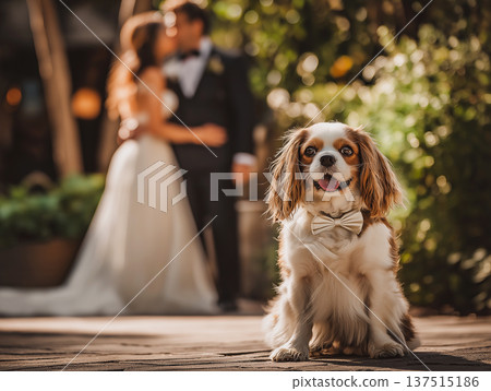 Cavalier King Charles Spaniel wearing a cream bow tie sits on a wooden deck at a garden wedding. The couple in wedding attire stands in the background behind the dog. Cavalier King Charles Spaniel wearing a cream bow tie sits on a wooden deck at a garden wedding. The couple in wedding attire stands in the background behind the dog. 137515186