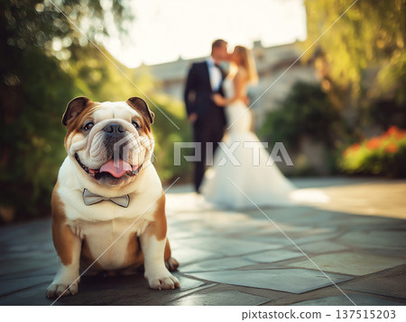 English Bulldog wearing bow tie stands in a garden courtyard with a couple in wedding attire. Wedding scene radiates romance at golden hour. 137515203