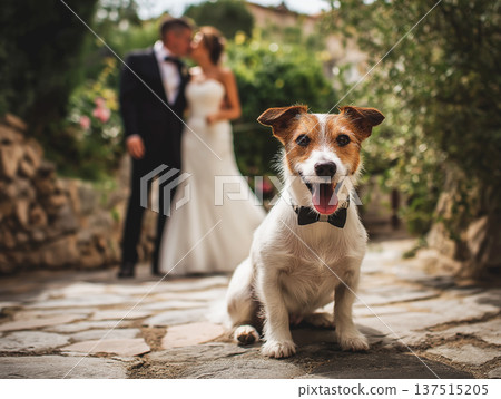 Dog wearing a bow tie sits on a garden stone path. A wedding couple stands in the background. 137515205