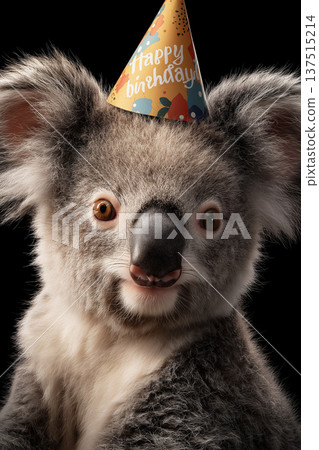Koala wearing a birthday hat against a black background. The party hat reads Happy Birthday. Koala wearing a birthday hat against a black background. The party hat reads Happy Birthday. 137515214