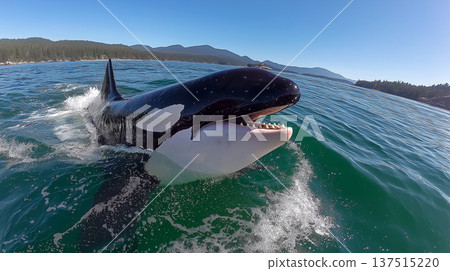 Killer whale breaches the ocean near the coastline with mountains in the distance. Sunlight glints on the water as the whale opens its jaws. 137515220