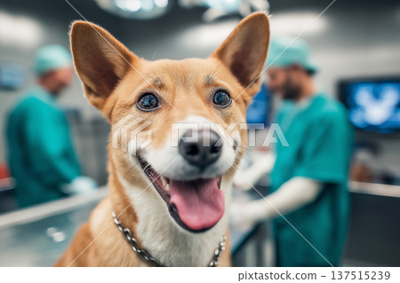 Happy dog smiles in a veterinary operating room. Two veterinarians in teal scrubs work in the background. Happy dog smiles in a veterinary operating room. Two veterinarians in teal scrubs work in the background. 137515239