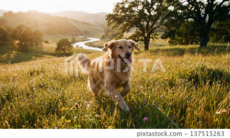 golden retriever runs through a wildflower meadow near a winding river. golden hour light warms its coat and creates soft shadows golden retriever runs through a wildflower meadow near a winding river. golden hour light warms its coat and creates soft shadows 137515263