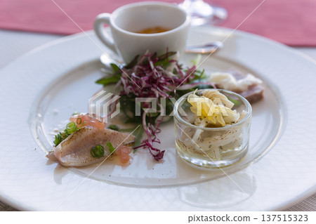 A platter of three seasonal appetizers served at a French restaurant in Sakata City A platter of three seasonal appetizers served at a French restaurant in Sakata City 137515323