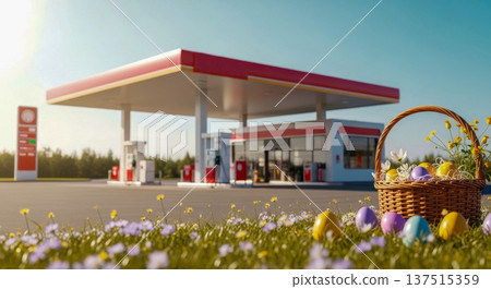 Easter weekend travel vacation roadtrip gasstation scene with basket eggs on spring meadow flowers. Postcard greeting background, with copy space for holiday wishes, getaway promos, and fuel stop ads 137515359