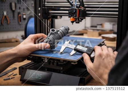 Measuring 3D printed part with caliper workshop. Engineer measures a 3D printed prototype with a digital caliper on a printer bed, focusing on precision and quality control. Measuring 3D printed part with caliper workshop. Engineer measures a 3D printed prototype with a digital caliper on a printer bed, focusing on precision and quality control. 137515512