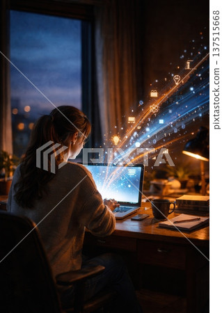Woman Using Laptop With Creative Digital Data. AI Generated 137515668