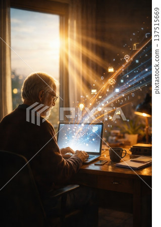 Senior Man Using Laptop With Digital Data Glow. AI Generated 137515669
