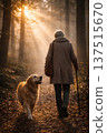 Senior Woman Walking Golden Retriever In Forest Sunset. AI Generated 137515670
