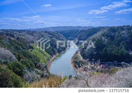 Spectacular view of Lake Tsukigase: Panoramic view of the valley with fresh greenery and the coming of spring Spectacular view of Lake Tsukigase: Panoramic view of the valley with fresh greenery and the coming of spring 137515758