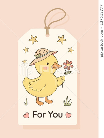 Cute yellow duckling wearing straw hat holding flower in pastel kawaii style gift tag, hand drawn cartoon with stars grass and hearts on soft pink background perfect for Easter kids greeting cards. Cute yellow duckling wearing straw hat holding flower in pastel kawaii style gift tag, hand drawn cartoon with stars grass and hearts on soft pink background perfect for Easter kids greeting cards. 137515777