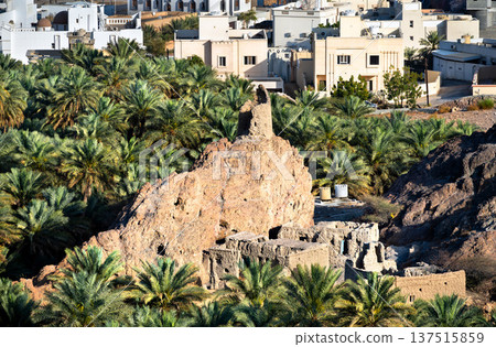 Historic mud brick ruins and an old stone watchtower nestled within a dense date palm oasis in the village of Fanja, Oman Historic mud brick ruins and an old stone watchtower nestled within a dense date palm oasis in the village of Fanja, Oman 137515859