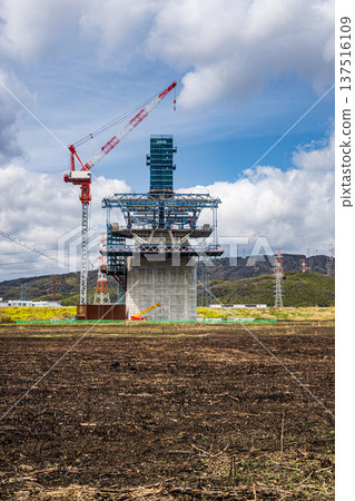 Construction of the Shin-Meishin Expressway underway in the Udono reed field after field burning in Takatsuki City, Osaka Prefecture 137516109