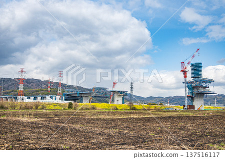 Construction of the Shin-Meishin Expressway underway in the Udono reed field after field burning in Takatsuki City, Osaka Prefecture 137516117