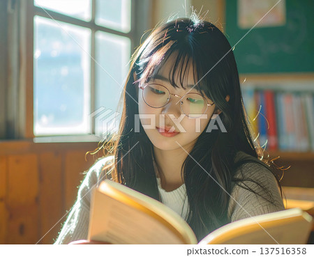 在圖書館看書的年輕女人 在圖書館看書的年輕女人 137516358