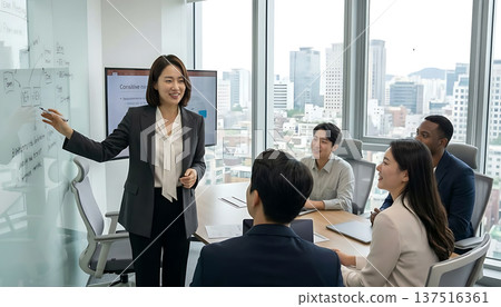 Asian Businesswoman Leading Presentation in Modern Office Meeting Asian Businesswoman Leading Presentation in Modern Office Meeting 137516361