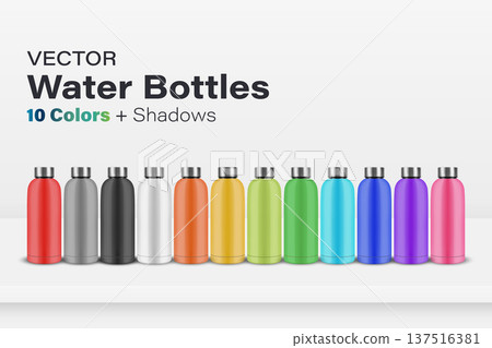 Vector 3d Stainless Steel Water Bottle Set. 10 Color Reusable Drink Bottles with Shadows. Modern Vacuum Flask Collection for Sport, Travel and Outdoor, Isolated. Vector Illustration 137516381
