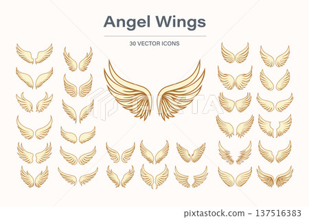 Angel Wings Vector Icon Set, Vector Illustration. Feathered Wings Collection in Different Shapes. Tattoo and Logo Design Elements for Religion, Heaven, Fantasy, Decorative Emblems Isolated 137516383