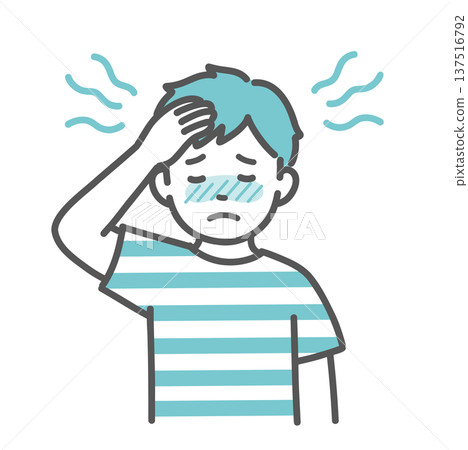 插圖描繪了一個男孩（兒童）出現潮熱和發燒症狀。 137516792