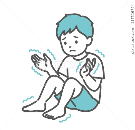 Illustration of a boy (child) who seems anxious due to numbness and trembling in his limbs 137516794