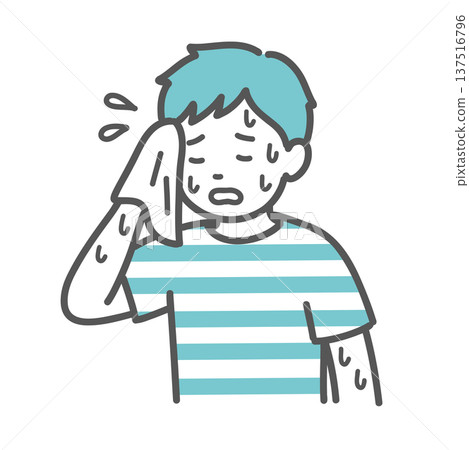 插圖描繪了一個男孩(孩子)大汗淋漓,看起來很痛苦。 插圖描繪了一個男孩(孩子)大汗淋漓,看起來很痛苦。 137516796