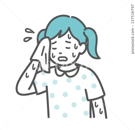 插圖描繪了一個女孩（兒童）大汗淋漓，看起來很痛苦。 137516797