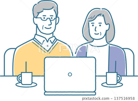 一對老年夫婦正在看電腦的插圖 一對老年夫婦正在看電腦的插圖 137516958