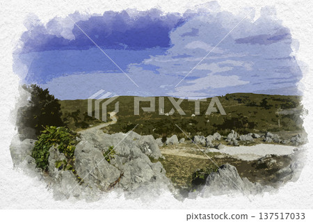 Watercolor style Akiyoshidai Karst Plateau Mine City Yamaguchi Prefecture Watercolor style Akiyoshidai Karst Plateau Mine City Yamaguchi Prefecture 137517033