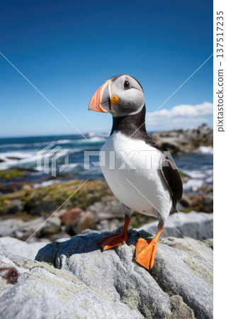 Atlantic Puffin Bird Looking Directly at Camera While Perched on a Mossy Coastal Rock, Vibrant Wildlife Portrait for Travel and Education. 137517235