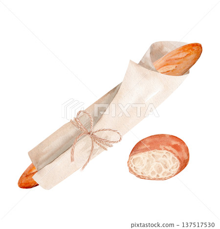 Baguette wrapped in parchment tied with rustic twine bow, sliced bread piece, watercolor illustration isolated on white. Artisanal bakery composition for food branding, packaging, bakery advertising Baguette wrapped in parchment tied with rustic twine bow, sliced bread piece, watercolor illustration isolated on white. Artisanal bakery composition for food branding, packaging, bakery advertising 137517530