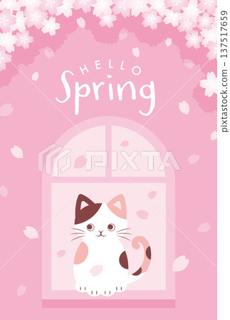 Background illustration of a cat watching cherry blossoms fluttering by the window Background illustration of a cat watching cherry blossoms fluttering by the window 137517659