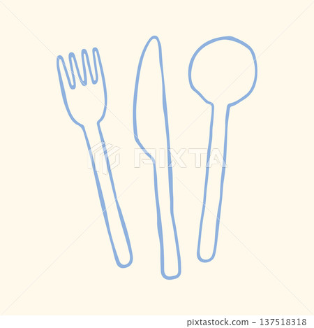 Hand drawn fork, knife and spoon in minimalist blue line style. Simple cutlery set vector illustration for kitchen themes, dining, restaurant menus, table setting graphics and culinary design 137518318