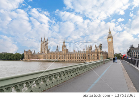 Classic London cityscape showing the Palace of Westminster and the Big Ben clock tower standing along the River Thames near Westminster Bridge. Classic London cityscape showing the Palace of Westminster and the Big Ben clock tower standing along the River Thames near Westminster Bridge. 137518365