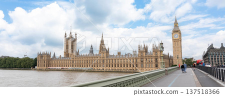 Panoramic view of a classic London landmark scene featuring the Palace of Westminster and the Big Ben clock tower rising above the River Thames as seen from Westminster Bridge. 137518366