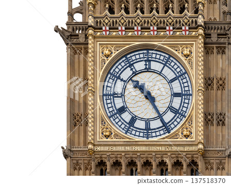 Detailed close view of the Big Ben clock face on the Elizabeth Tower highlighting intricate gothic stonework at the Palace of Westminster in London. Detailed close view of the Big Ben clock face on the Elizabeth Tower highlighting intricate gothic stonework at the Palace of Westminster in London. 137518370