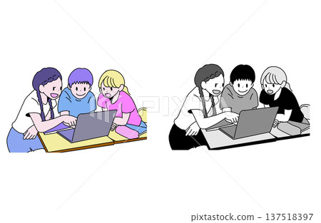 Illustration set of three elementary school students taking a class on a laptop. Color and monochrome. ICT education. Hand-drawn material. Illustration set of three elementary school students taking a class on a laptop. Color and monochrome. ICT education. Hand-drawn material. 137518397