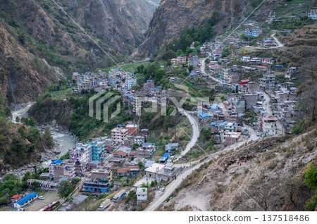 Scenery view of Syabrubesi village a beautiful resident village inside the Langtang National Park of Nepal.  137518486