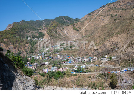 View of Syabrubesi village a beautiful resident village inside the Langtang National Park of Nepal.  137518499