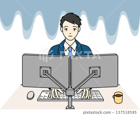 A male office worker in a suit who is pale and despairing while working on a PC A male office worker in a suit who is pale and despairing while working on a PC 137518595