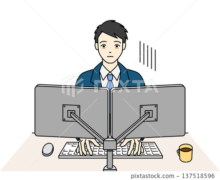 一位身穿西裝的男性上班族，在電腦前工作時顯得焦慮沮喪。 137518596